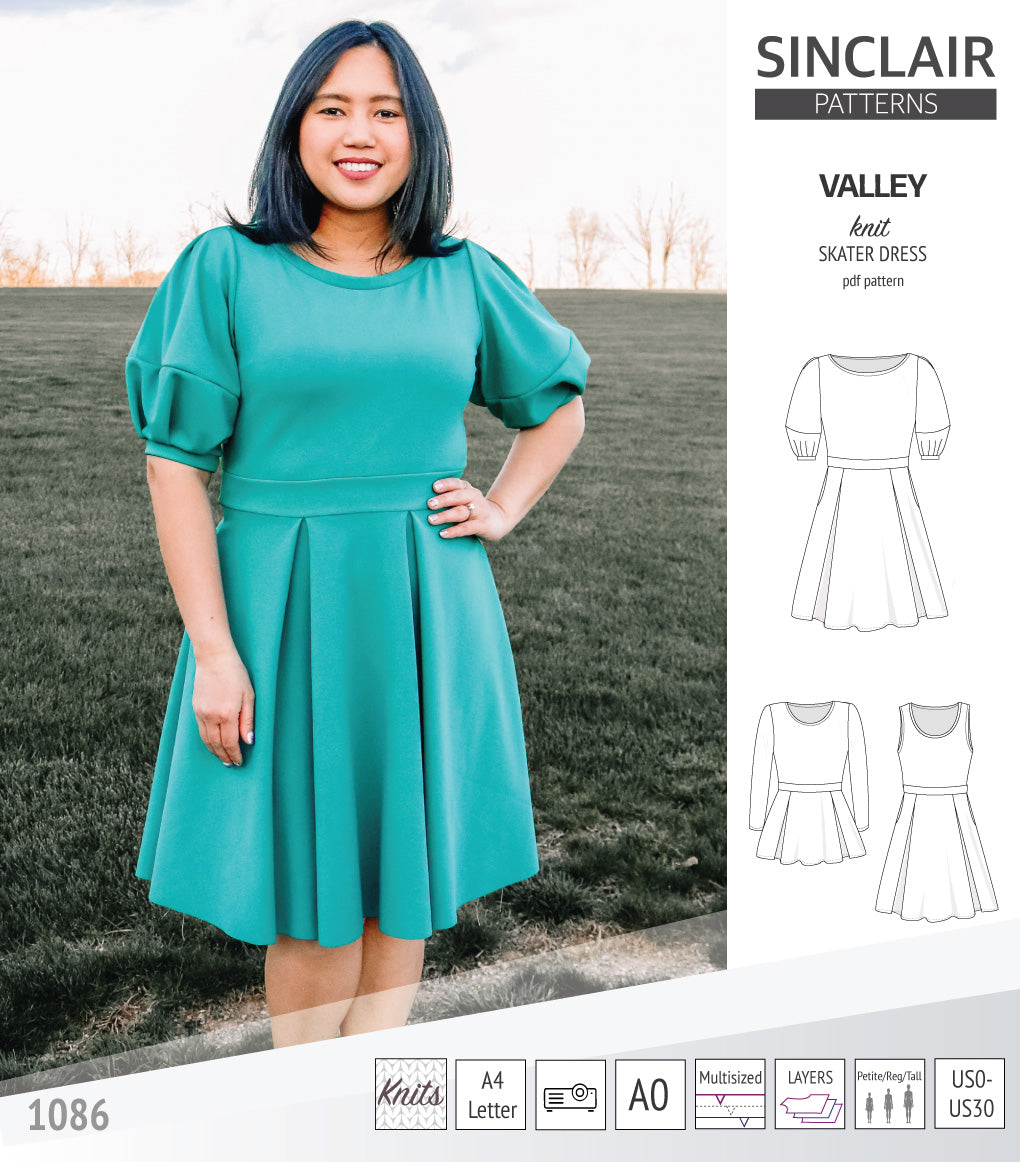 Sinclair Patterns S1086 Valley fit and flare skater dress for knit fabrics pdf sewing pattern