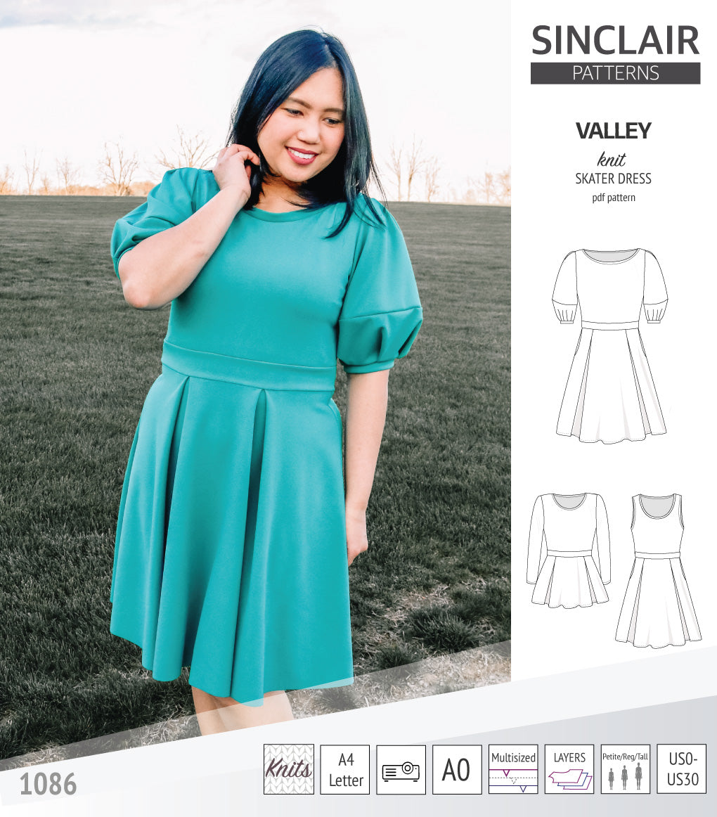 Sinclair Patterns S1086 Valley fit and flare skater dress for knit fabrics pdf sewing pattern