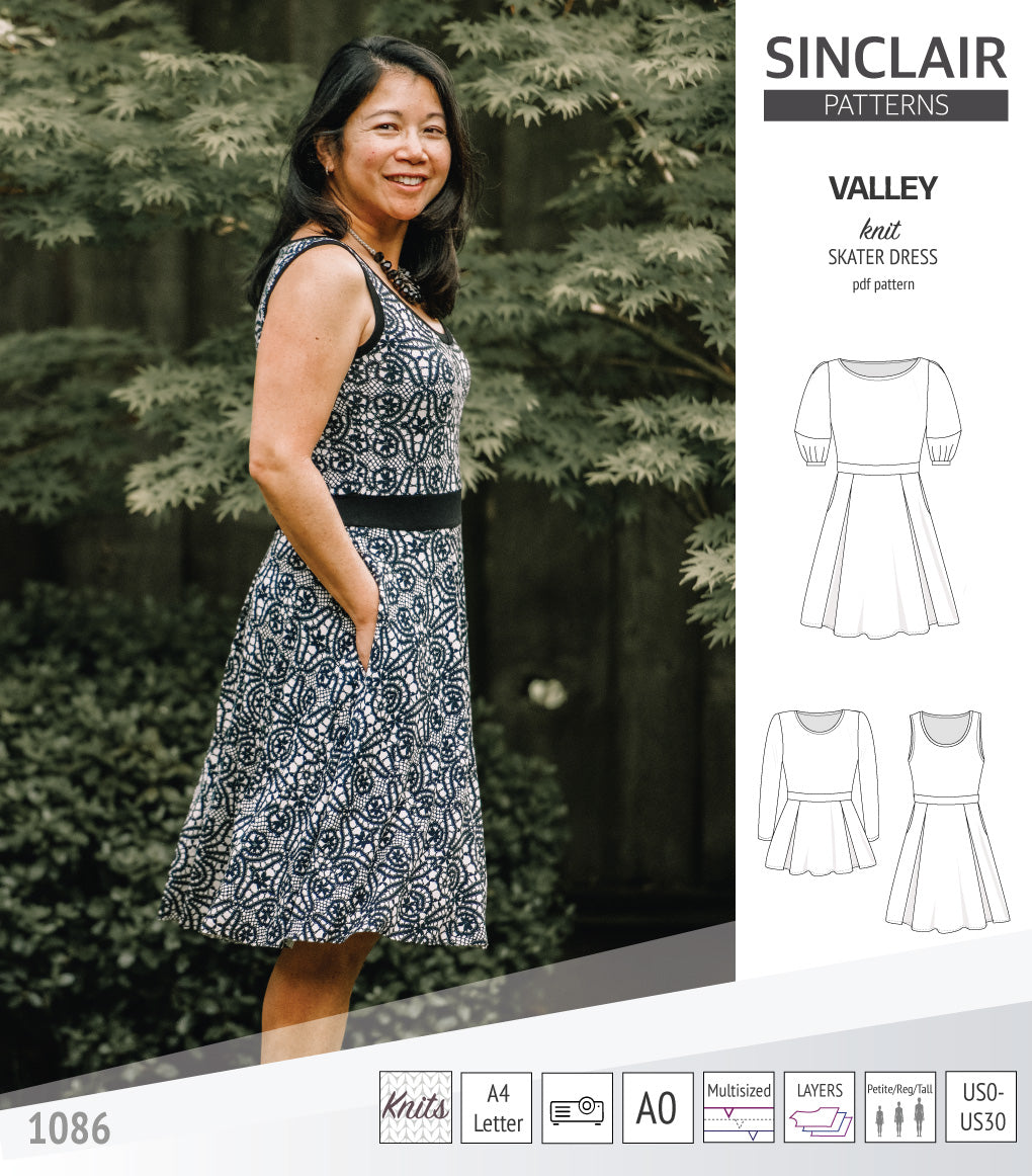Sinclair Patterns S1086 Valley fit and flare skater dress for knit fabrics pdf sewing pattern
