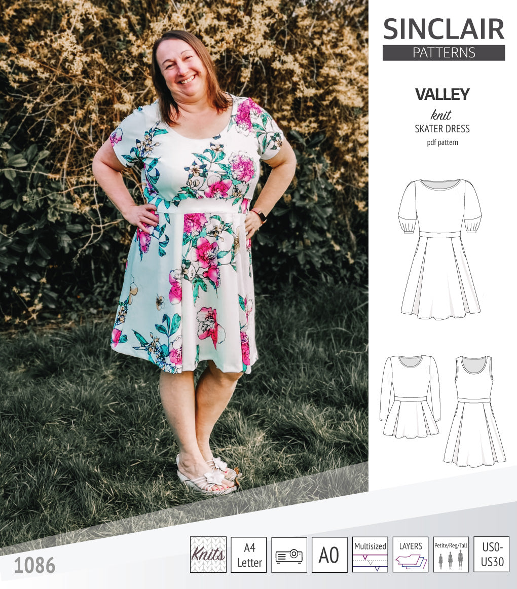 Sinclair Patterns S1086 Valley fit and flare skater dress for knit fabrics pdf sewing pattern