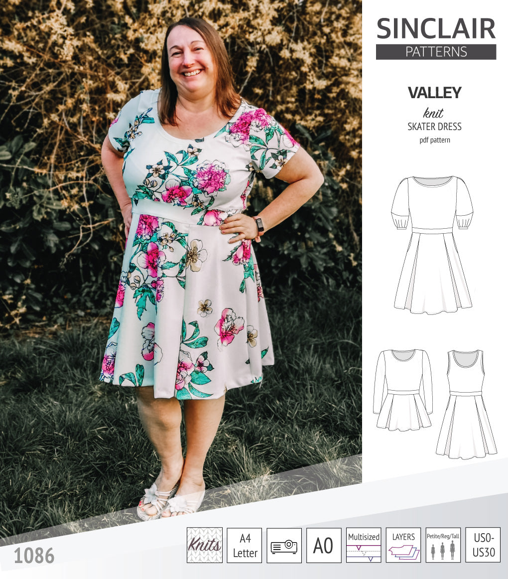 Sinclair Patterns S1086 Valley fit and flare skater dress for knit fabrics pdf sewing pattern