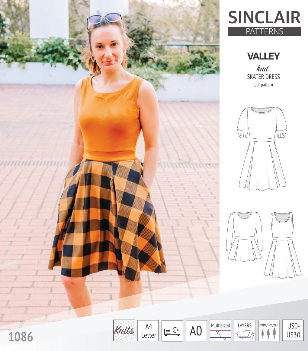 Sinclair Patterns S1086 Valley fit and flare skater dress for knit fabrics pdf sewing pattern