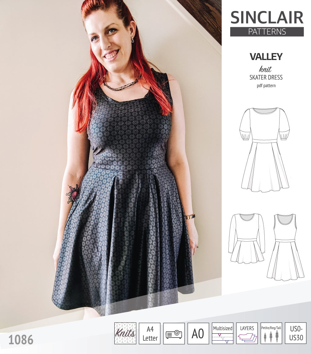 Sinclair Patterns S1086 Valley fit and flare skater dress for knit fabrics pdf sewing pattern