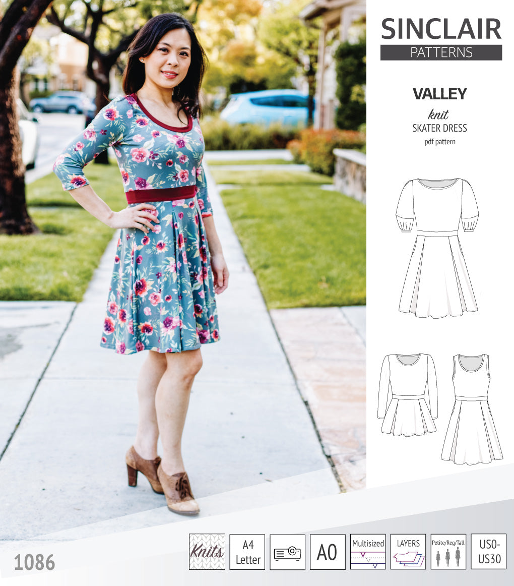 Sinclair Patterns S1086 Valley fit and flare skater dress for knit fabrics pdf sewing pattern
