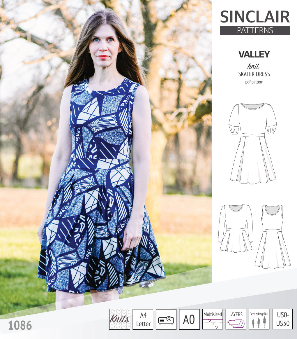 Sinclair Patterns S1086 Valley fit and flare skater dress for knit fabrics pdf sewing pattern