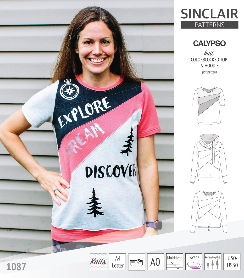 Pdf sewing pattern Hoodie top and t-shirt colorblocked and cowl for women