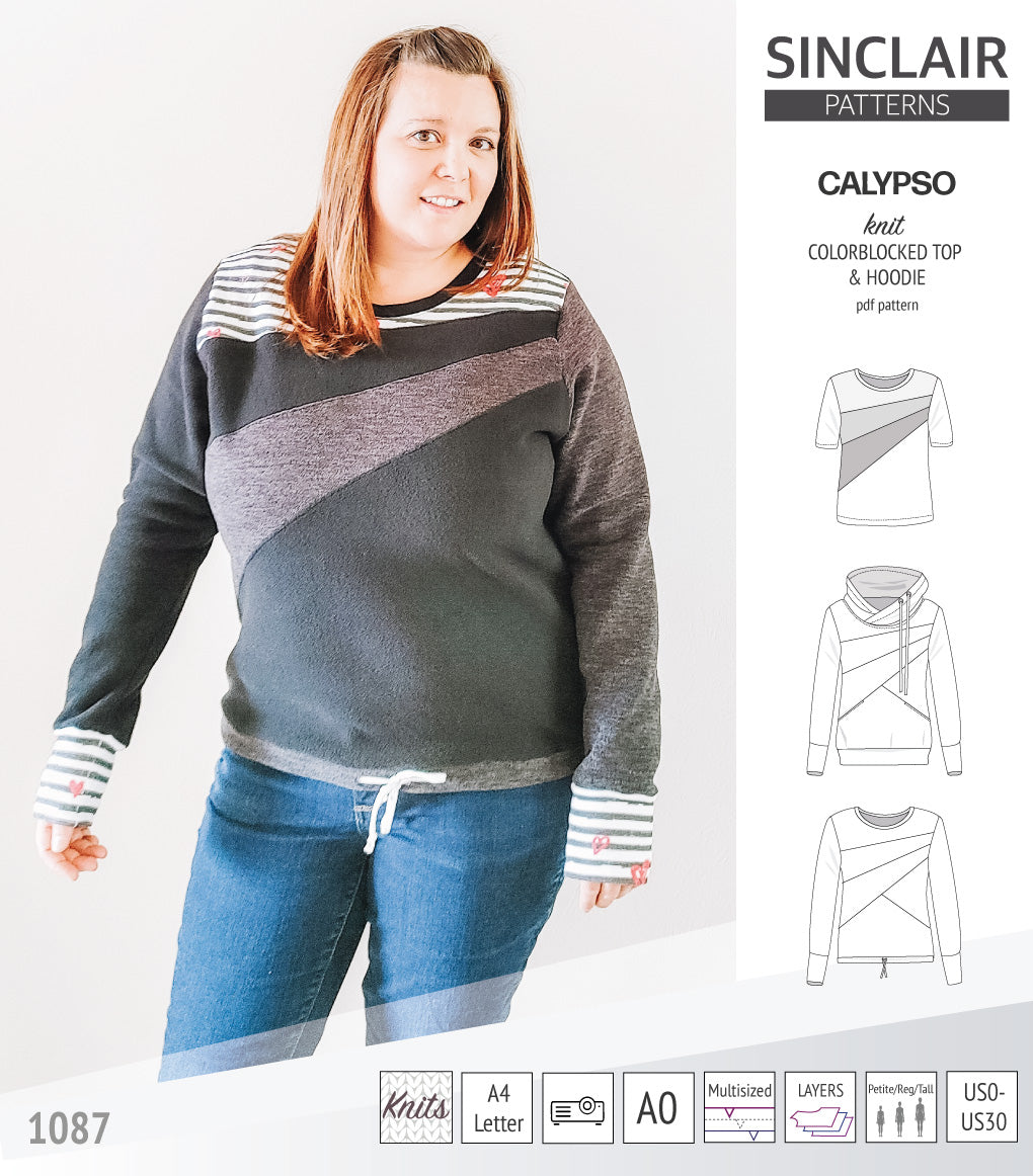 Pdf sewing pattern Hoodie top and t-shirt colorblocked and cowl for women