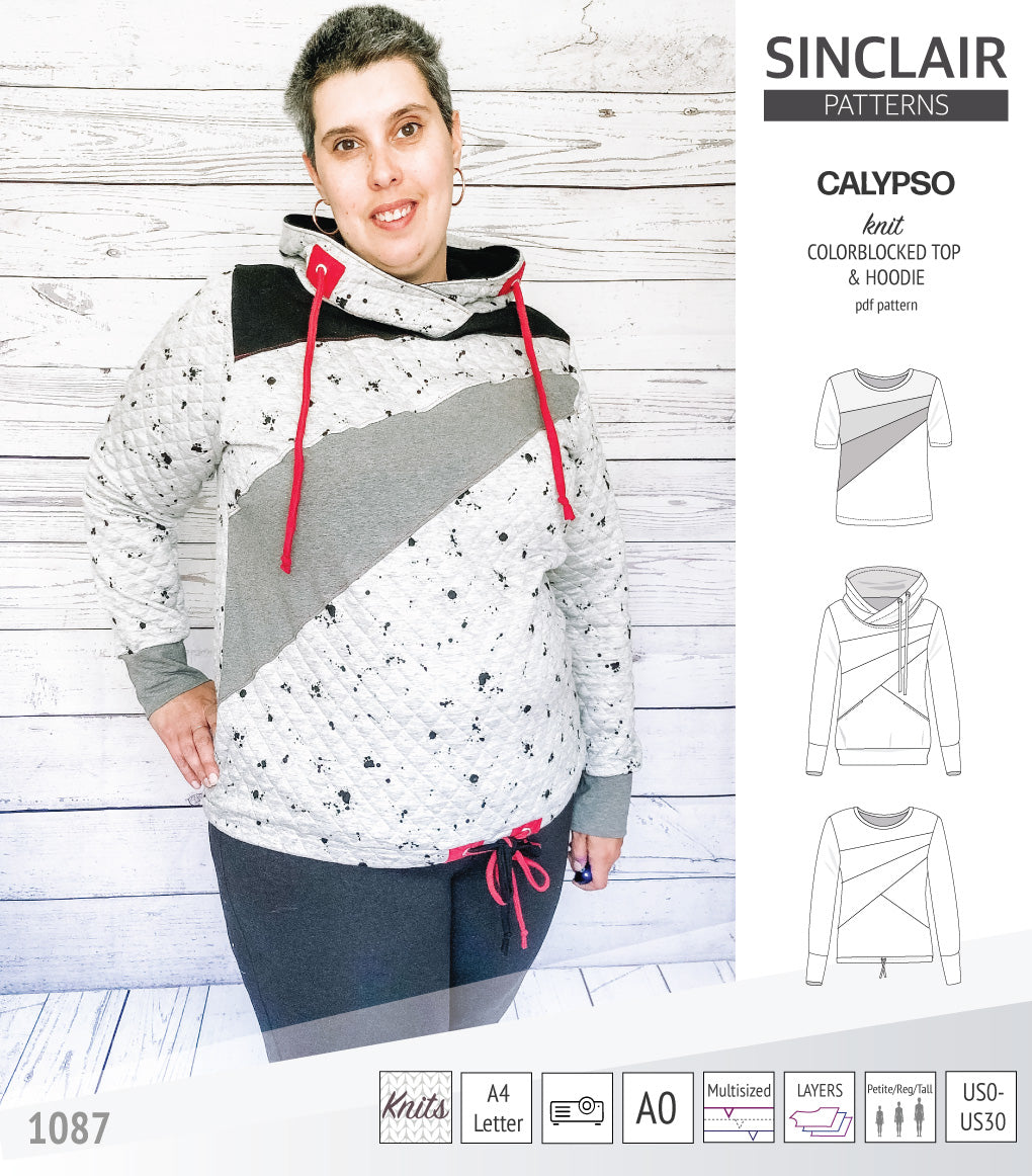 Pdf sewing pattern Hoodie top and t-shirt colorblocked and cowl for women
