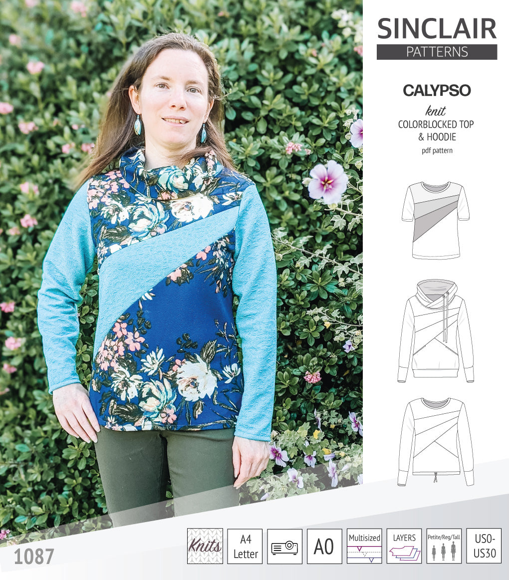 Pdf sewing pattern Hoodie top and t-shirt colorblocked and cowl for women