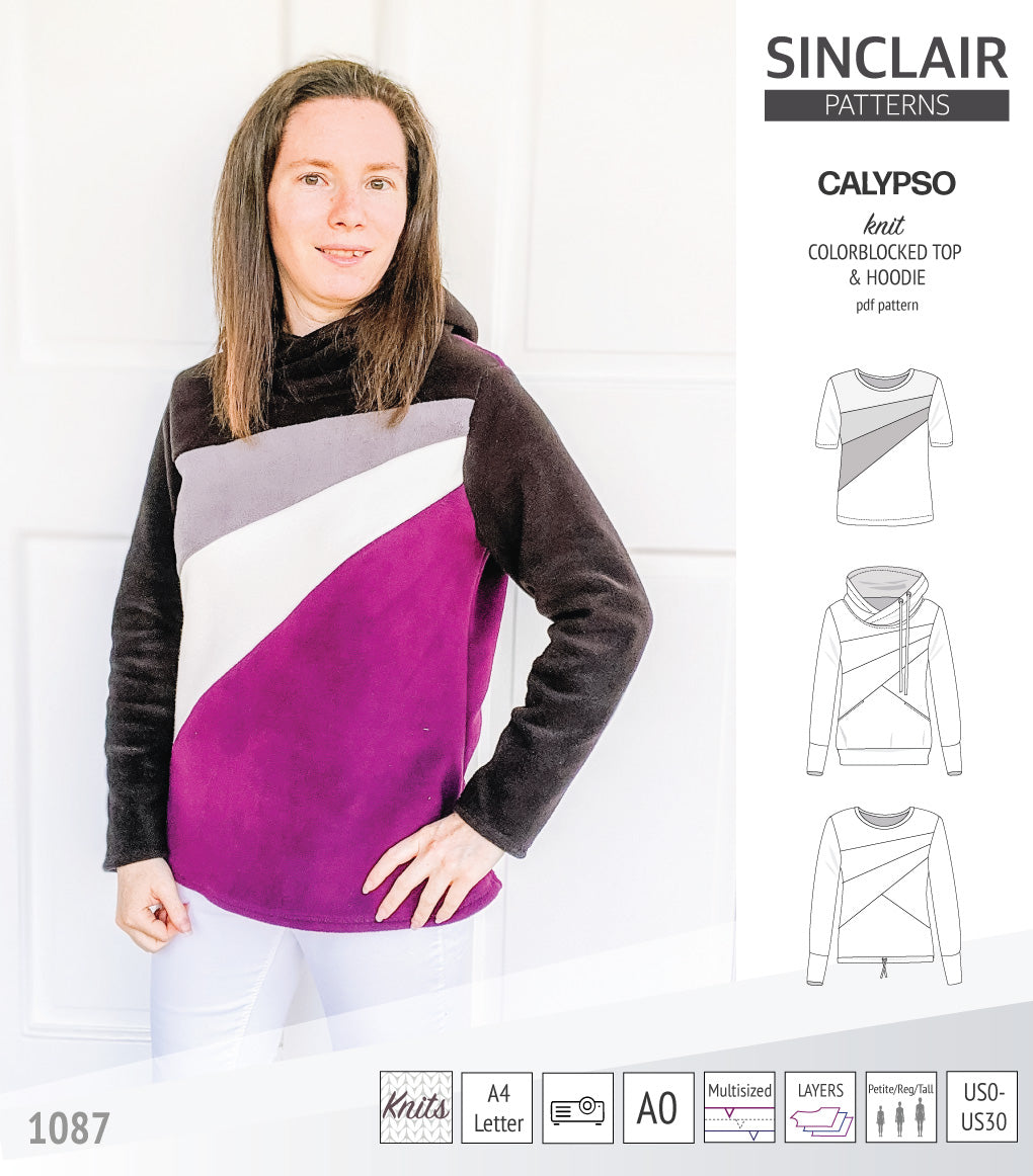 Pdf sewing pattern Hoodie top and t-shirt colorblocked and cowl for women