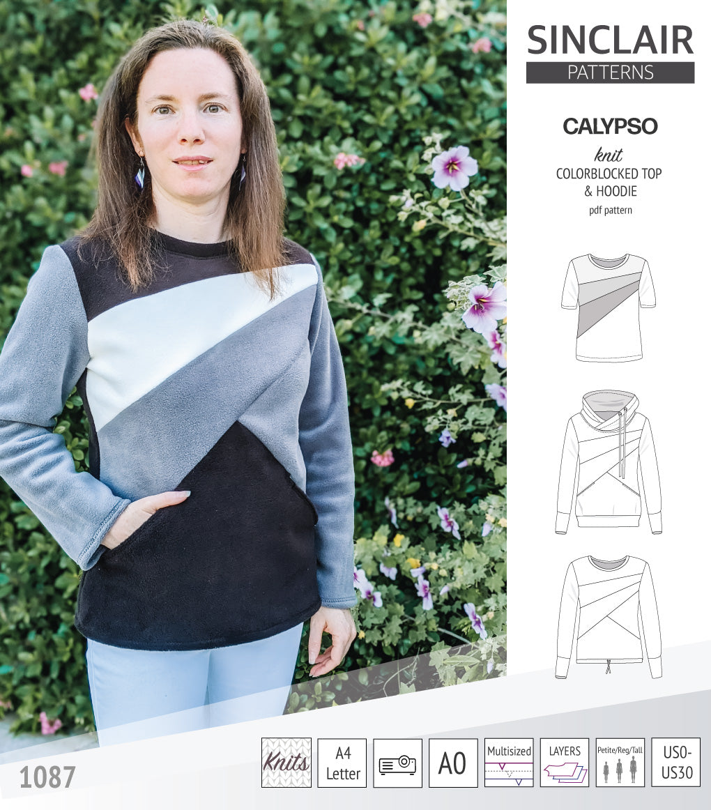 Pdf sewing pattern Hoodie top and t-shirt colorblocked and cowl for women