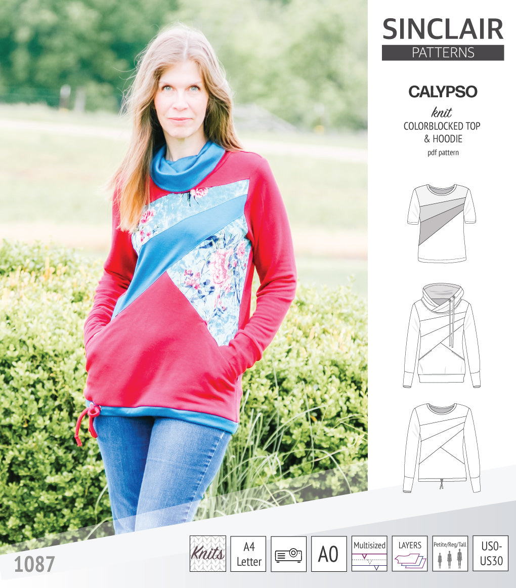 Pdf sewing pattern Hoodie top and t-shirt colorblocked and cowl for women