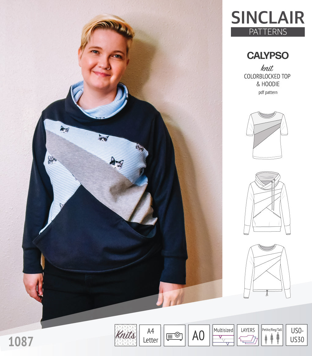 Pdf sewing pattern Hoodie top and t-shirt colorblocked and cowl for women
