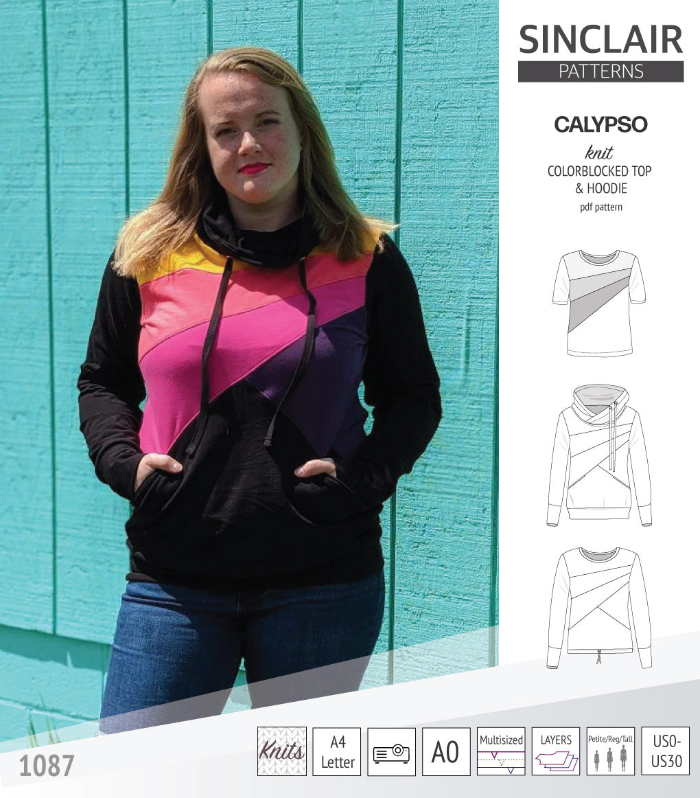 Pdf sewing pattern Hoodie top and t-shirt colorblocked and cowl for women