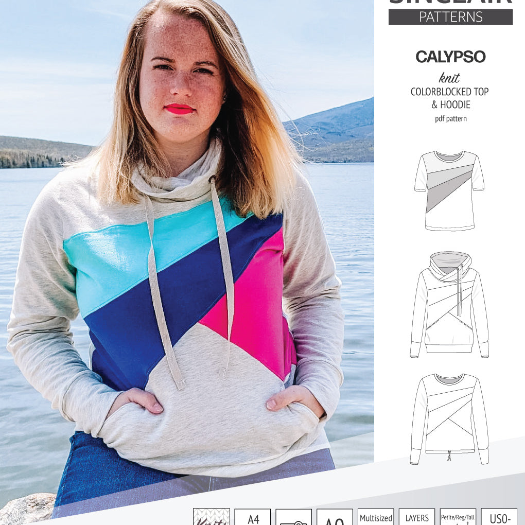 Pdf sewing pattern Hoodie top and t-shirt colorblocked and cowl for women