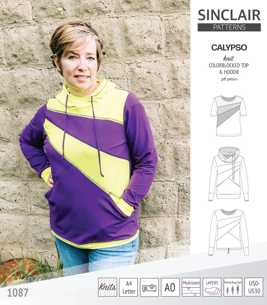 Pdf sewing pattern Hoodie top and t-shirt colorblocked and cowl for women
