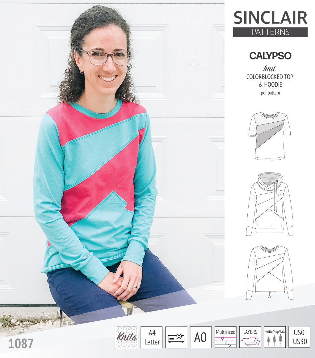 Pdf sewing pattern Hoodie top and t-shirt colorblocked and cowl for women