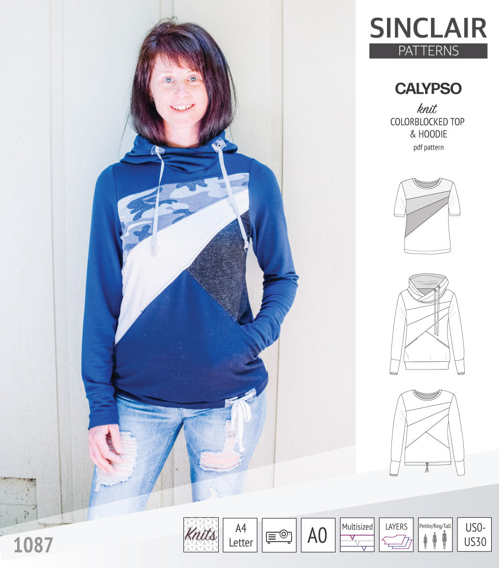 Pdf sewing pattern Hoodie top and t-shirt colorblocked and cowl for women