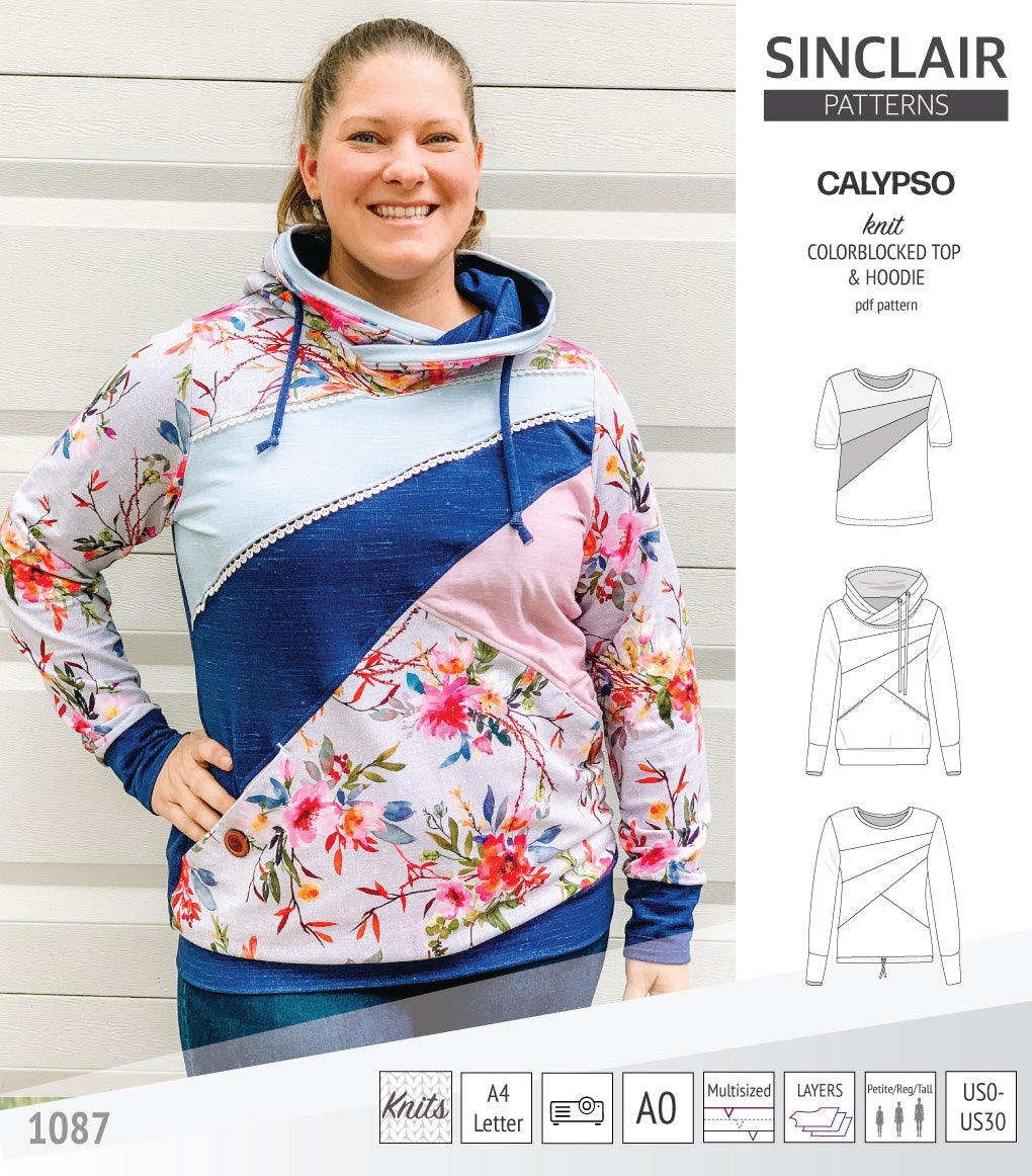 Pdf sewing pattern Hoodie top and t-shirt colorblocked and cowl for women