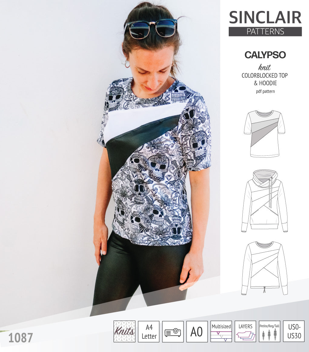 Pdf sewing pattern Hoodie top and t-shirt colorblocked and cowl for women