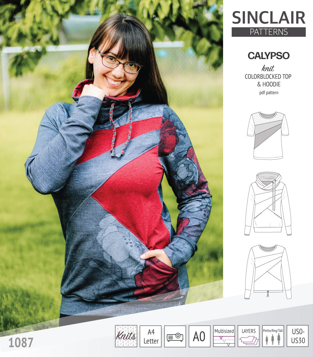Pdf sewing pattern Hoodie top and t-shirt colorblocked and cowl for women
