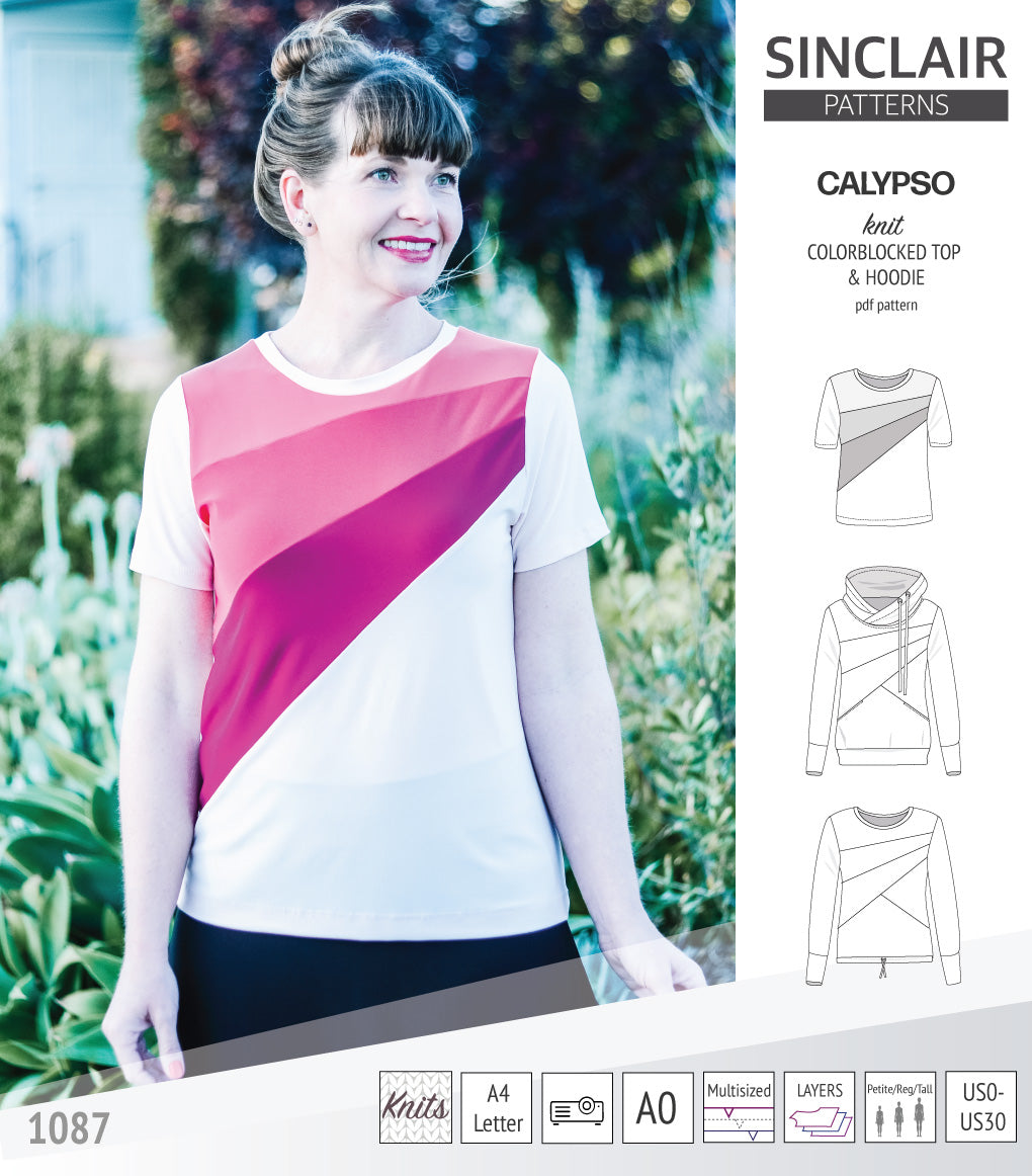 Pdf sewing pattern Hoodie top and t-shirt colorblocked and cowl for women