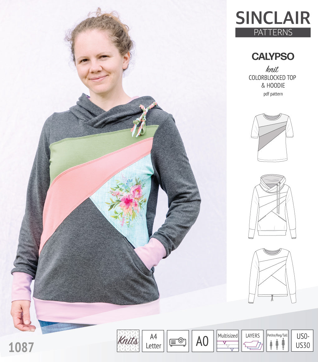 Pdf sewing pattern Hoodie top and t-shirt colorblocked and cowl for women