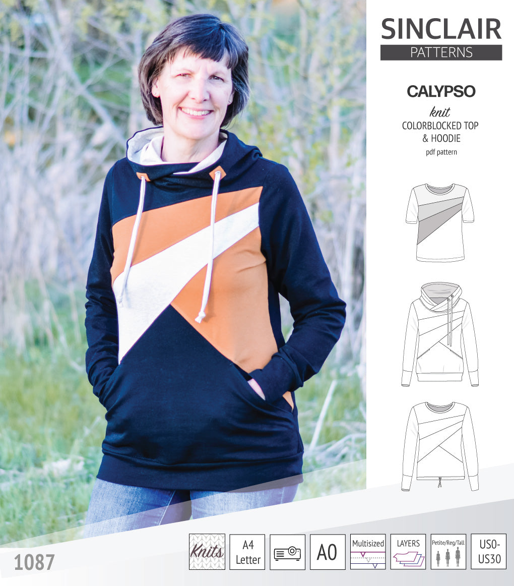 Pdf sewing pattern Hoodie top and t-shirt colorblocked and cowl for women