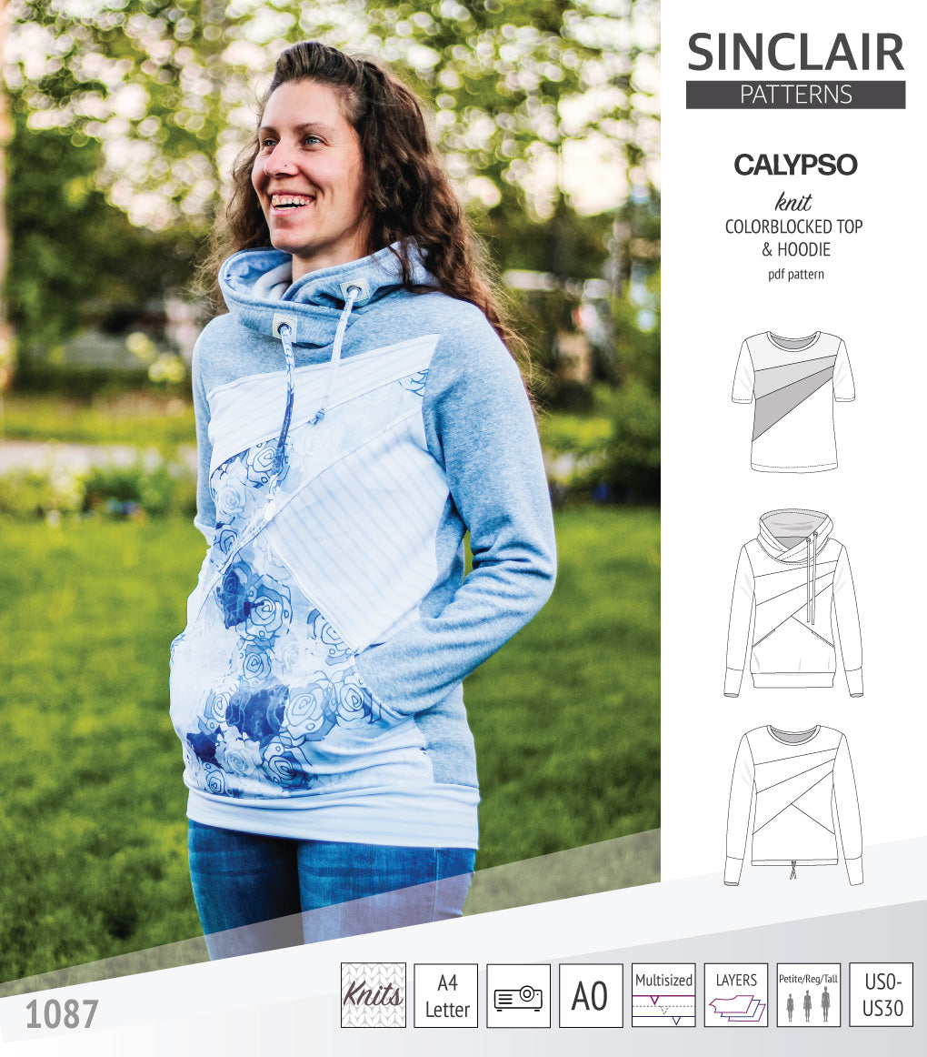 Pdf sewing pattern Hoodie top and t-shirt colorblocked and cowl for women