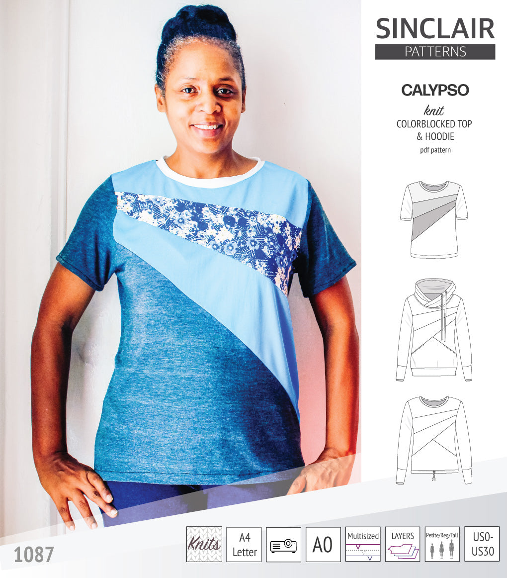 Pdf sewing pattern Hoodie top and t-shirt colorblocked and cowl for women