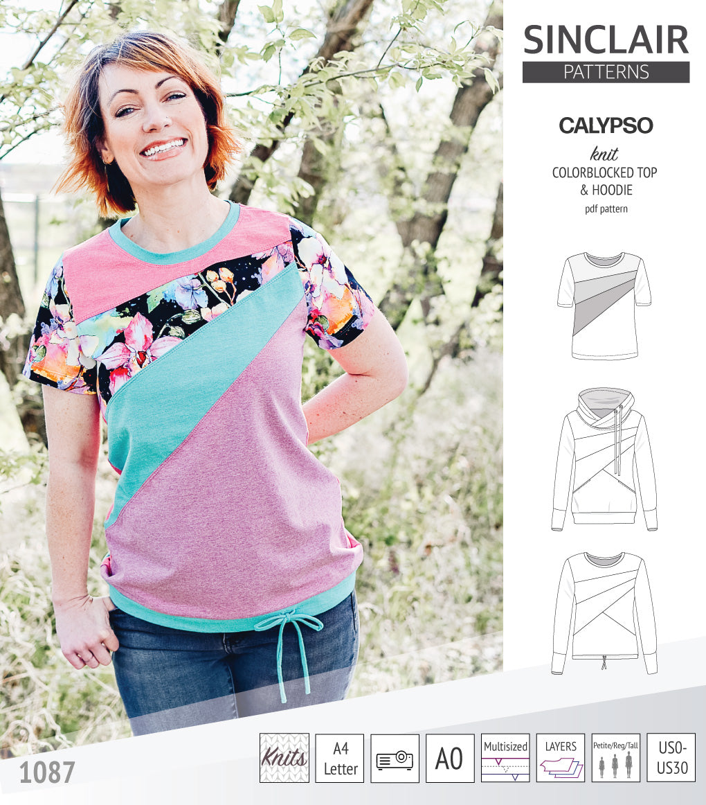 Pdf sewing pattern Hoodie top and t-shirt colorblocked and cowl for women