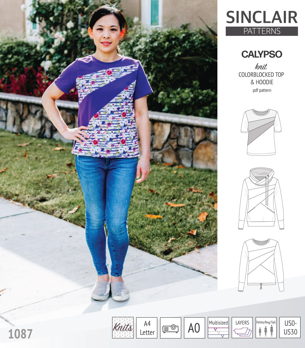 Pdf sewing pattern Hoodie top and t-shirt colorblocked and cowl for women