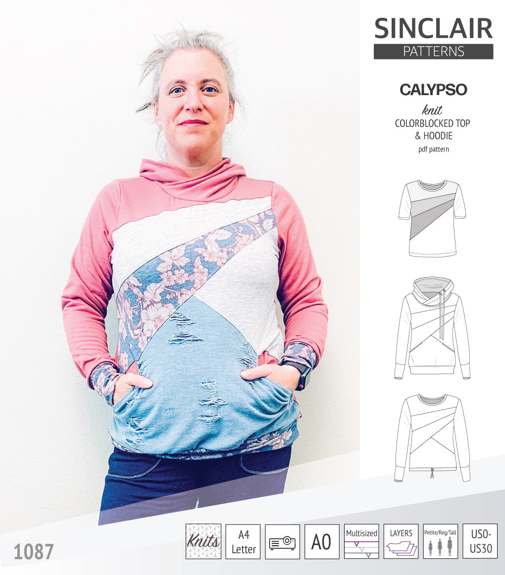 Pdf sewing pattern Hoodie top and t-shirt colorblocked and cowl for women