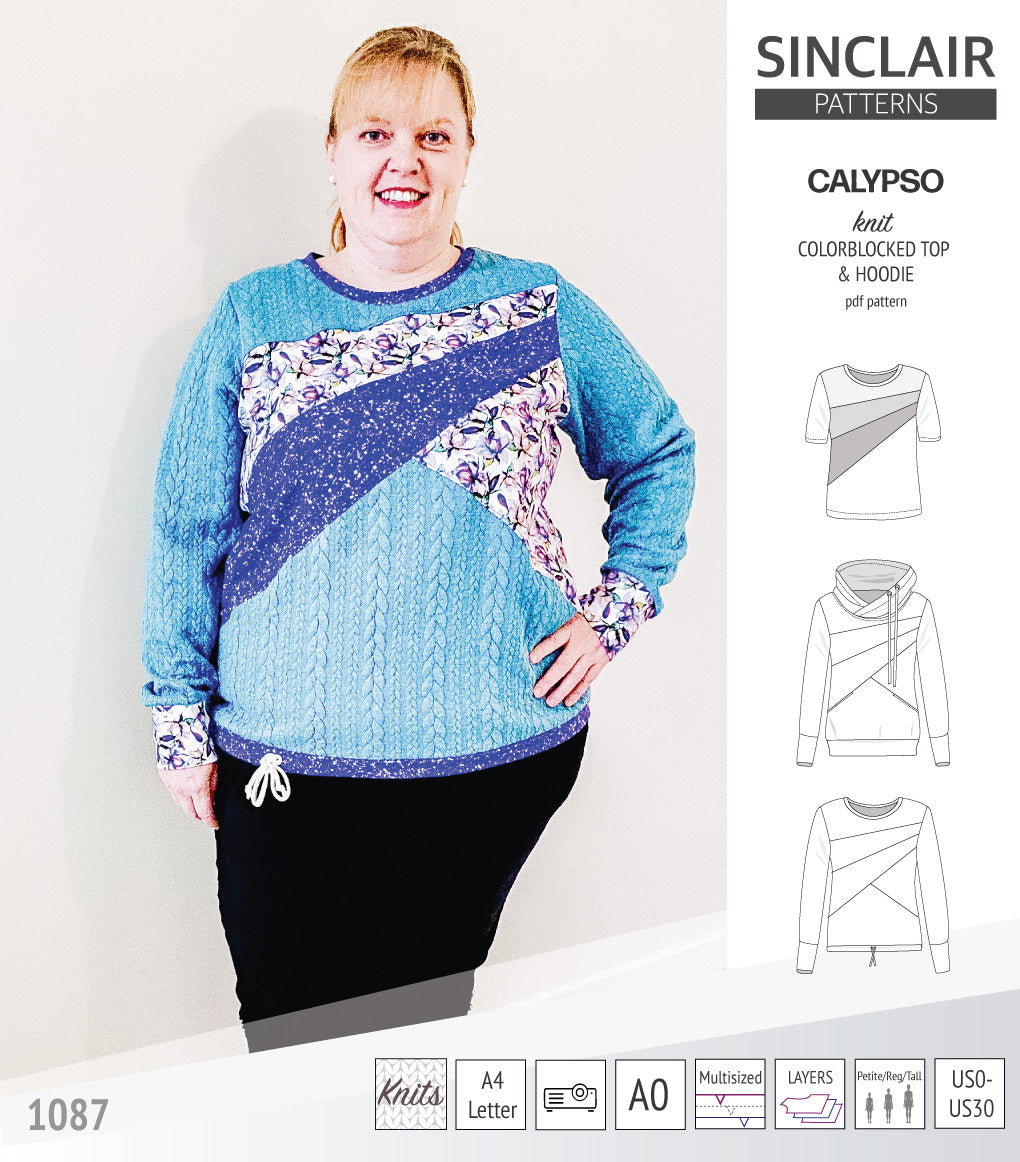 Pdf sewing pattern Hoodie top and t-shirt colorblocked and cowl for women