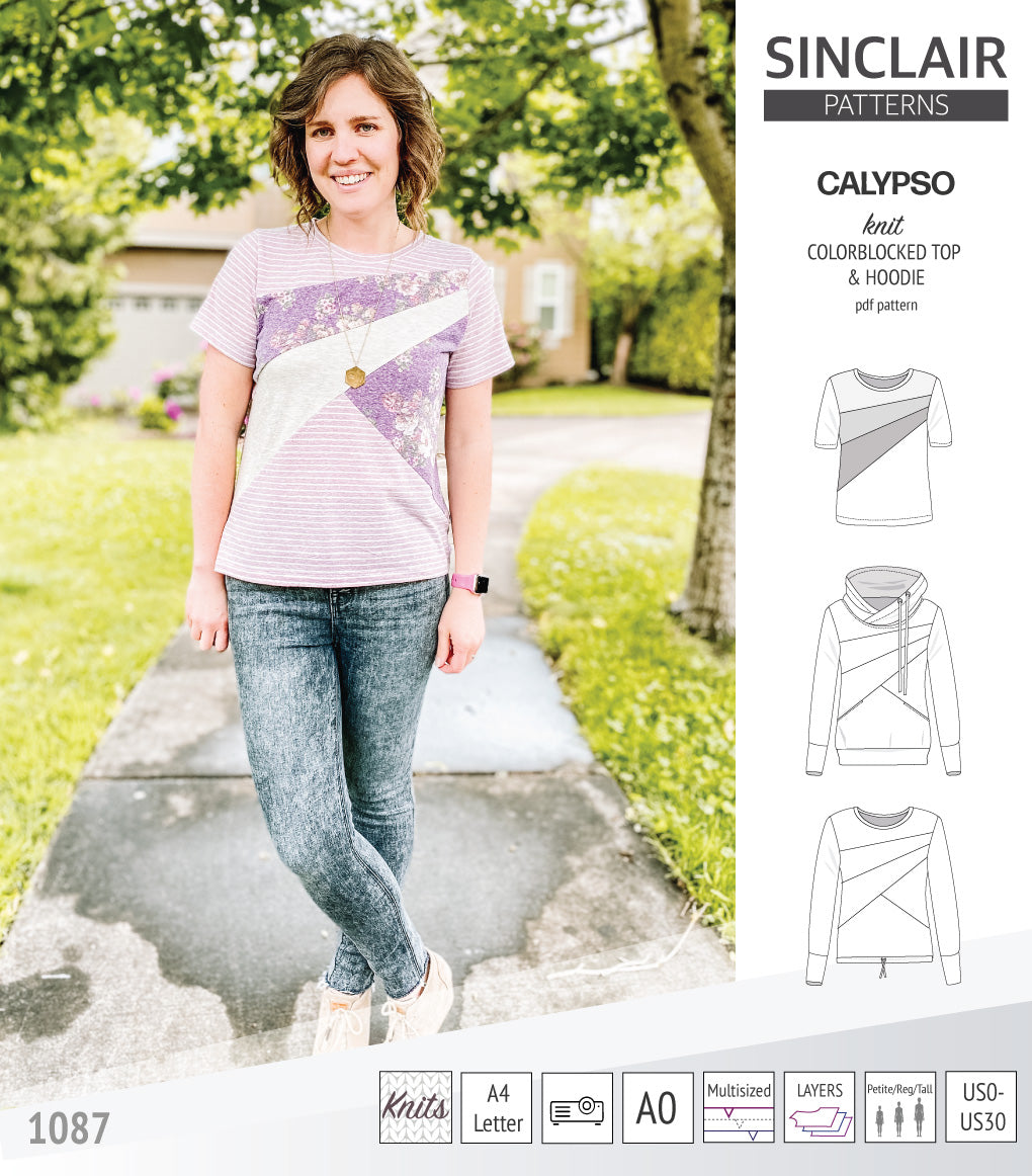 Pdf sewing pattern Hoodie top and t-shirt colorblocked and cowl for women