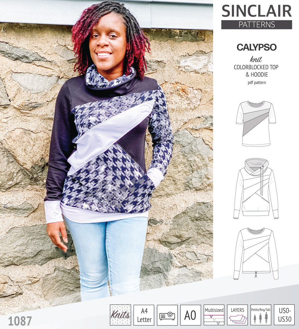 Pdf sewing pattern Hoodie top and t-shirt colorblocked and cowl for women