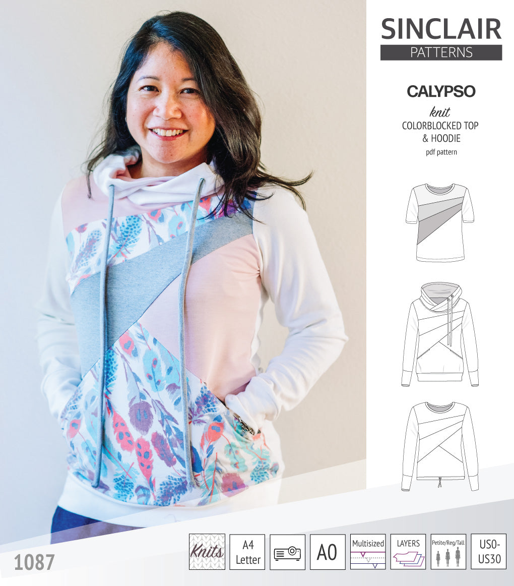 Pdf sewing pattern Hoodie top and t-shirt colorblocked and cowl for women