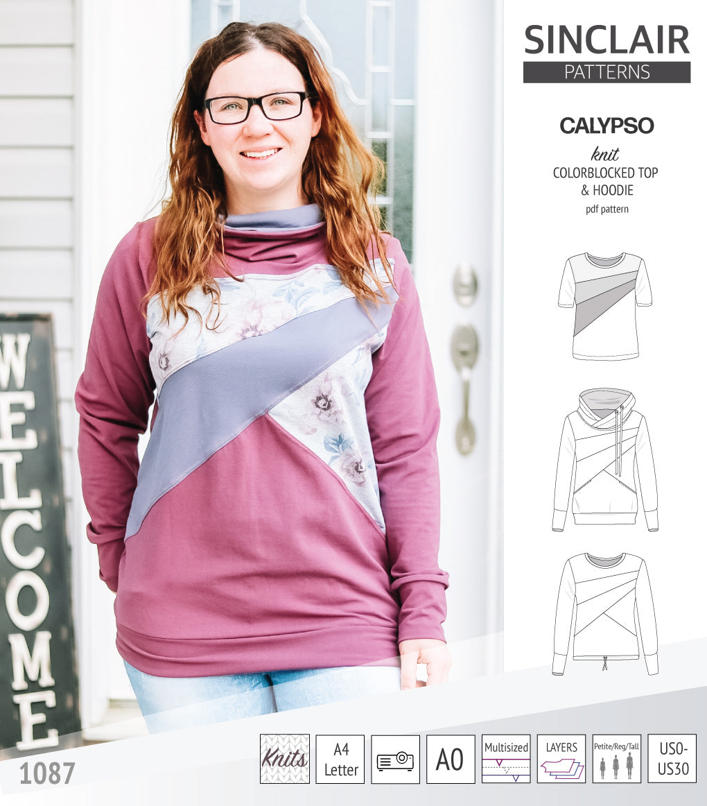 Pdf sewing pattern Hoodie top and t-shirt colorblocked and cowl for women