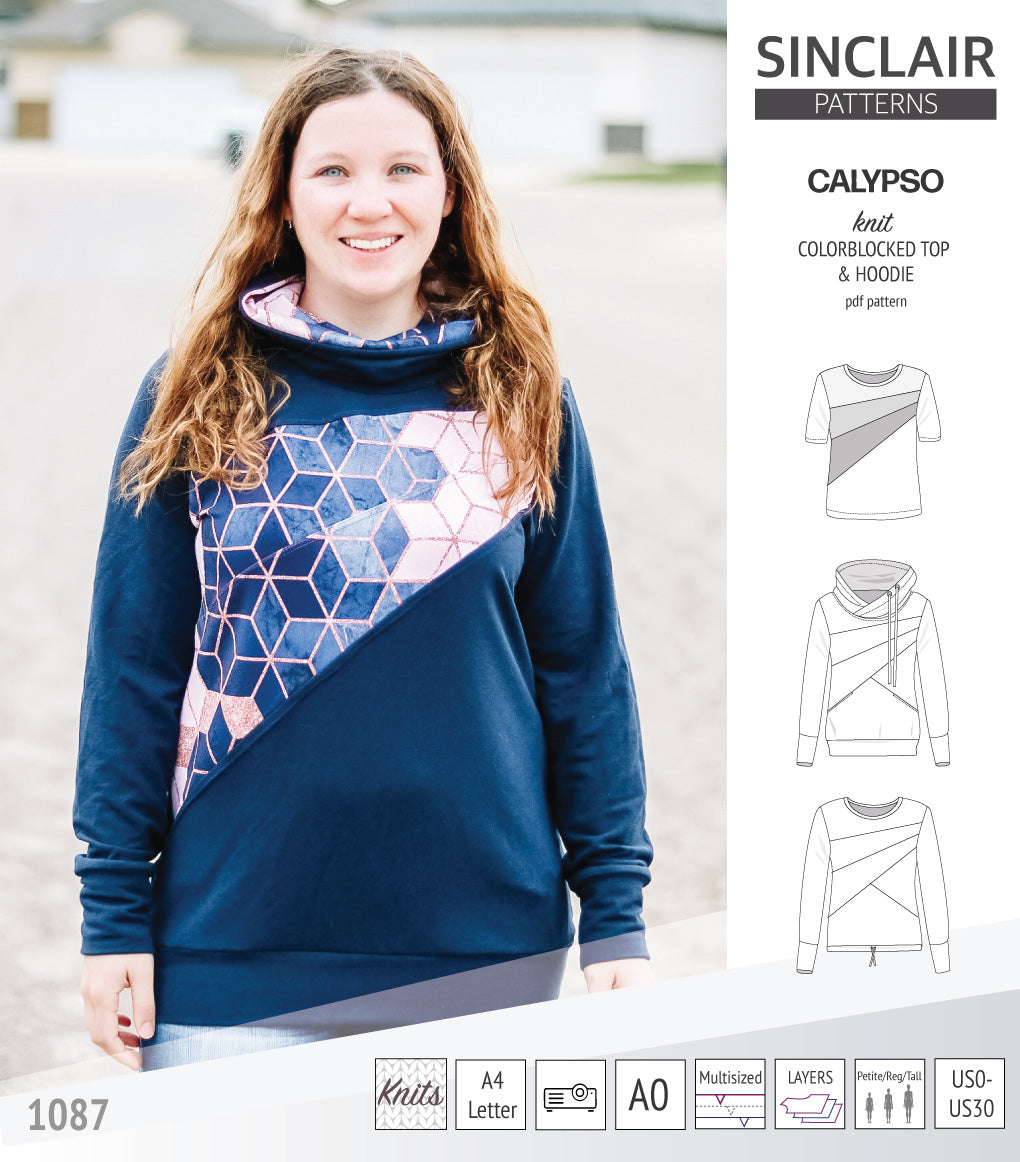 Pdf sewing pattern Hoodie top and t-shirt colorblocked and cowl for women