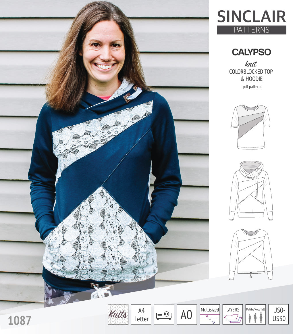 Pdf sewing pattern Hoodie top and t-shirt colorblocked and cowl for women