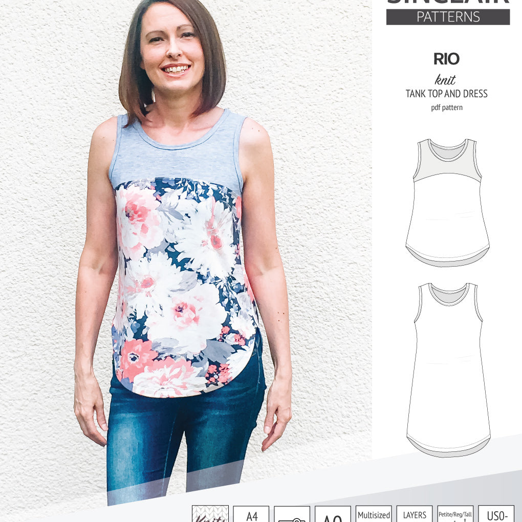 Sinclair Patterns Rio racerback tank top and jersey dress pdf sewing patterns for women