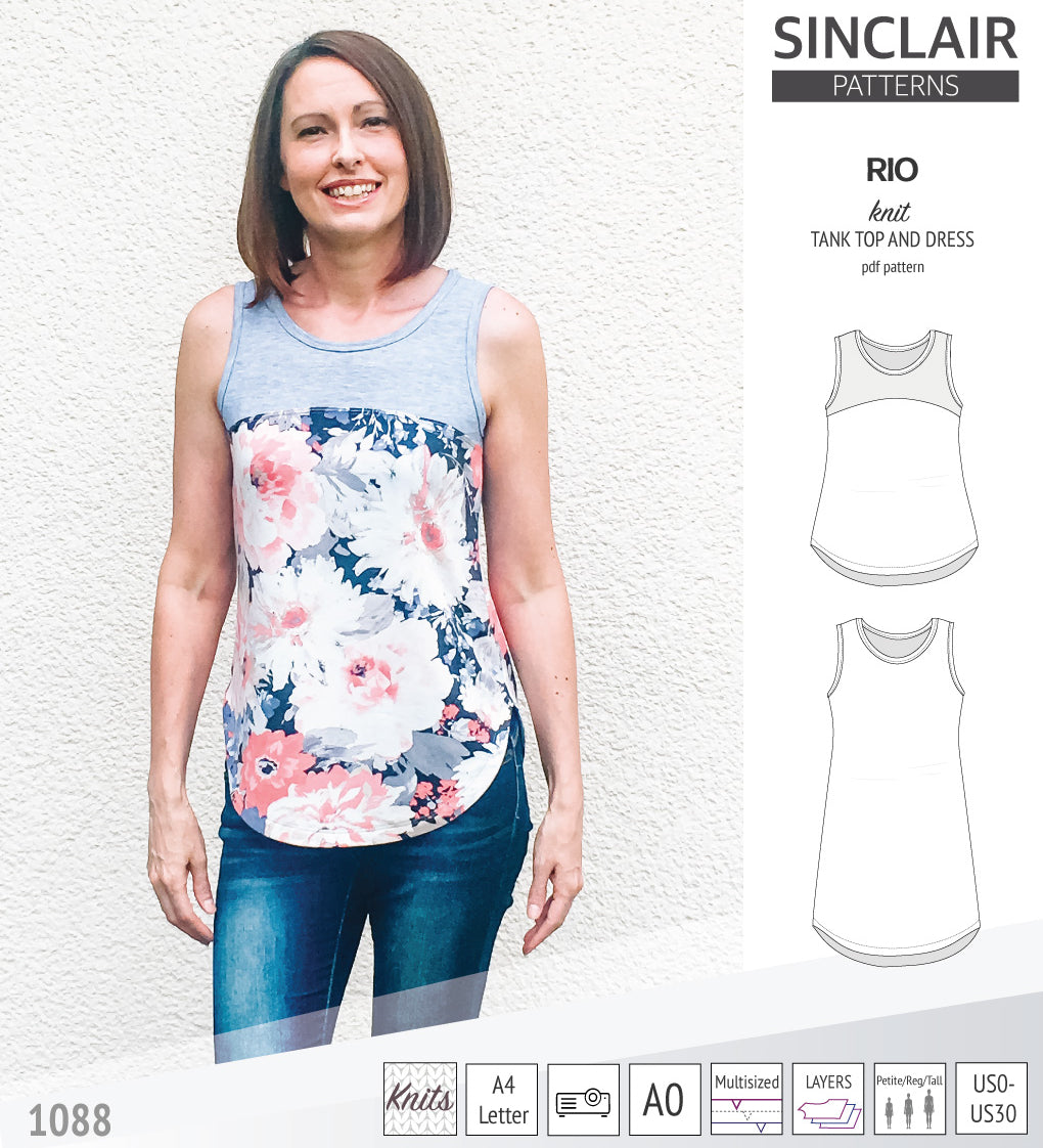 Sinclair Patterns Rio racerback tank top and jersey dress pdf sewing patterns for women