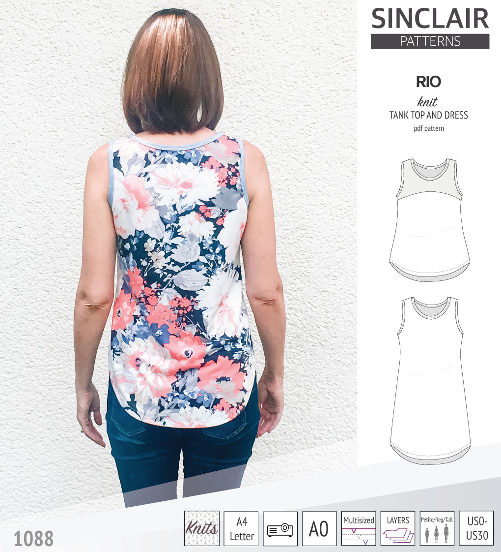 Sinclair Patterns Rio racerback tank top and jersey dress pdf sewing patterns for women