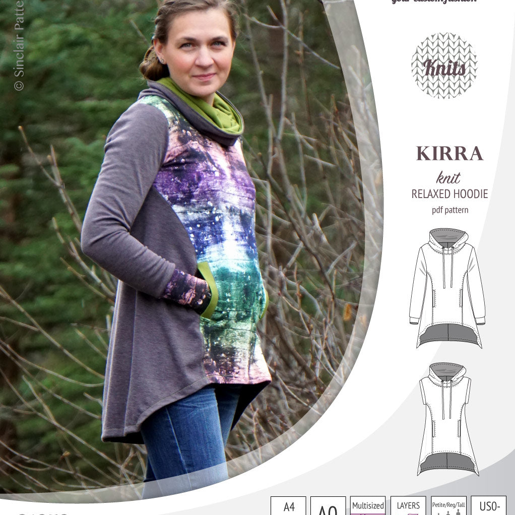 Pdf sewing pattern Kirra knit hoodie with welt pockets and panels by Sinclair Patterns