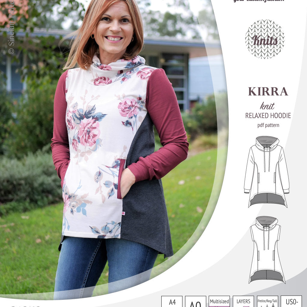 Pdf sewing pattern Kirra knit hoodie with welt pockets and panels by Sinclair Patterns