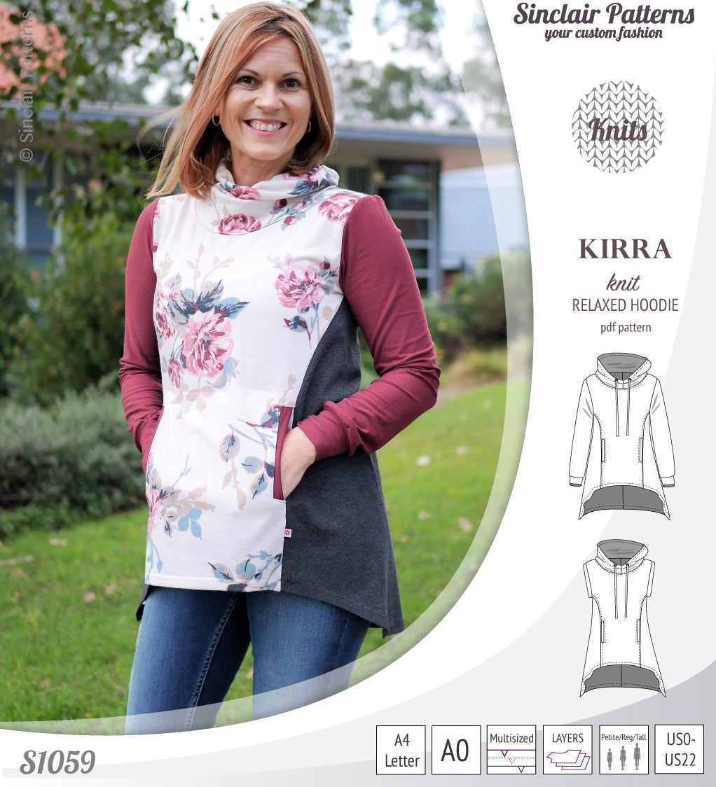 Pdf sewing pattern Kirra knit hoodie with welt pockets and panels by Sinclair Patterns