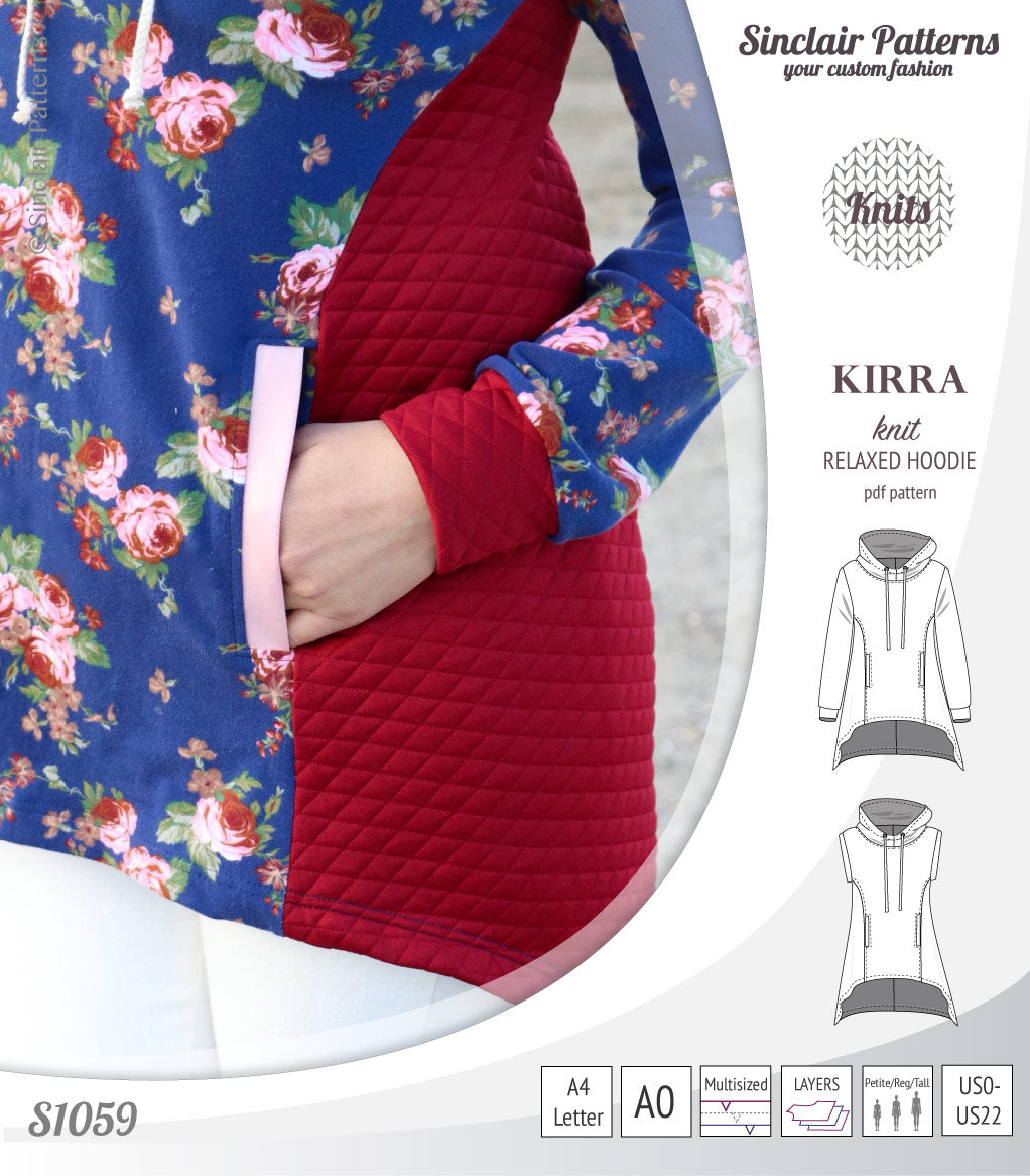 Pdf sewing pattern Kirra knit hoodie with welt pockets and panels by Sinclair Patterns