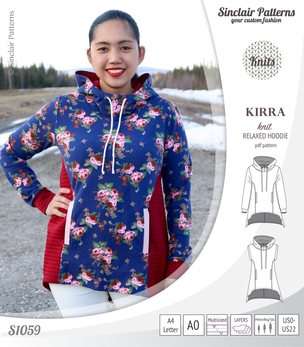 Pdf sewing pattern Kirra knit hoodie with welt pockets and panels by Sinclair Patterns