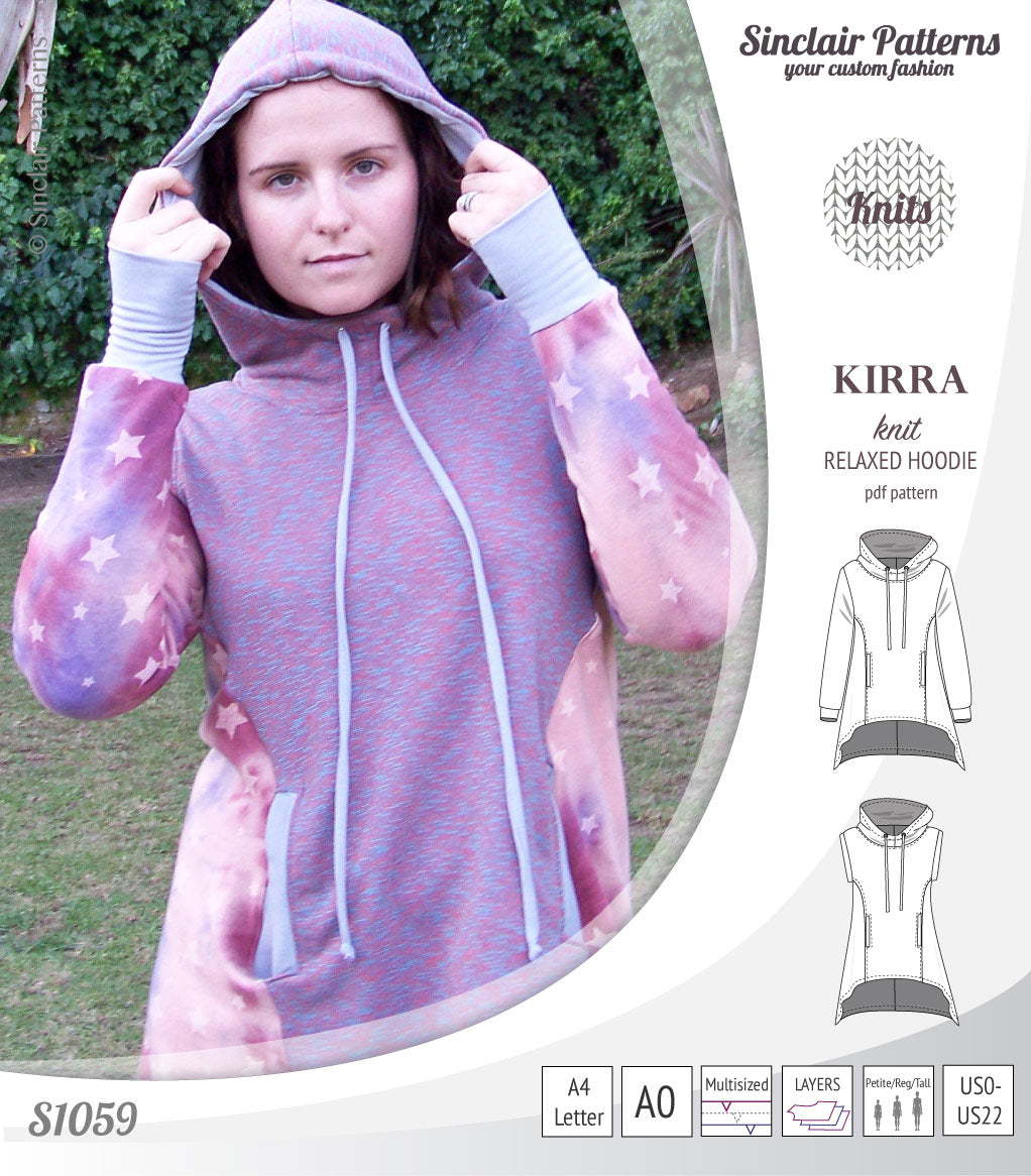 Pdf sewing pattern Kirra knit hoodie with welt pockets and panels by Sinclair Patterns