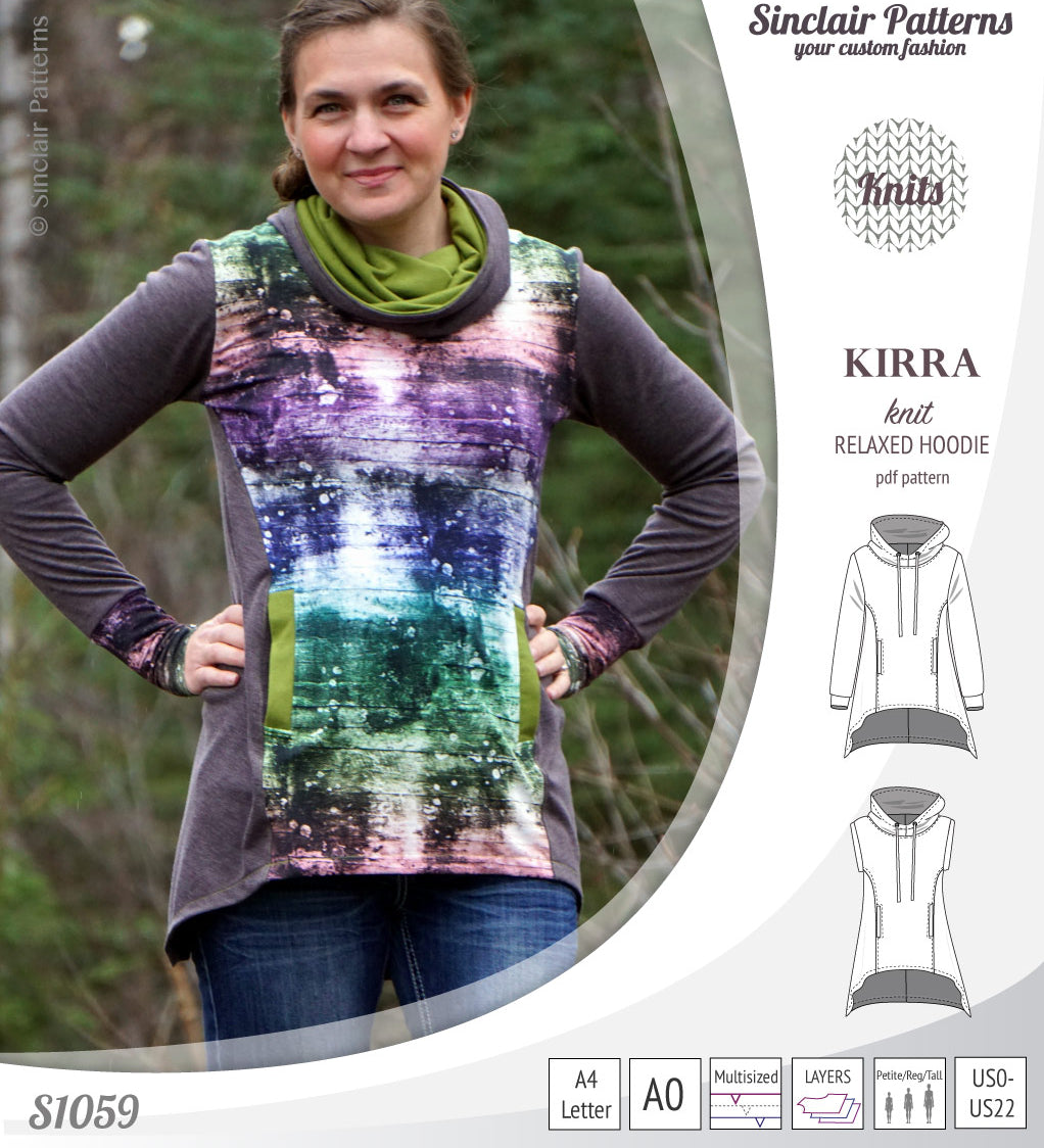 Pdf sewing pattern Kirra knit hoodie with welt pockets and panels by Sinclair Patterns